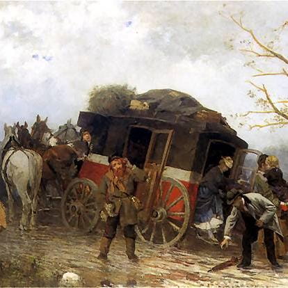 miniatura-Wypadek w podróży, 1873, olej, płótno, 56,5 x 101 cm, Muzeum Narodowe, Warszawa