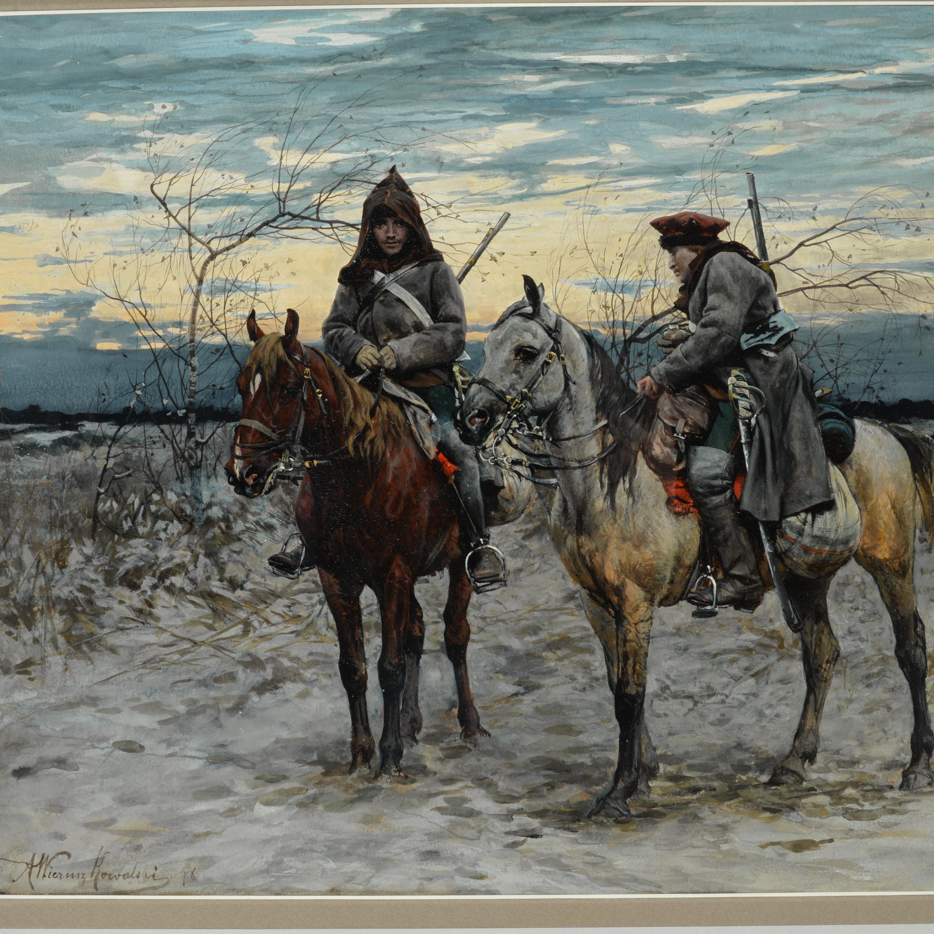 miniatura-Konny patrol, 1878, akwarela, gwasz, papier, 28,5 x 34,5 cm, kolekcja prywatna